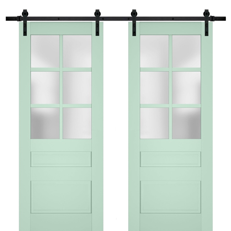 Veregio 7339 Oliva Double Barn Door with Frosted Glass and Black Rail