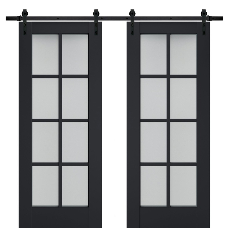 Veregio 7412 Antracite Double Barn Door with Frosted Glass and Black Rail