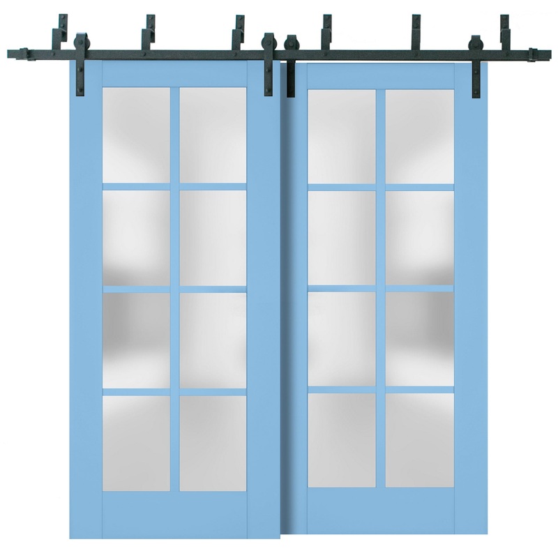 Veregio 7412 Aquamarine Double Barn Door with Frosted Glass and Black Bypass Rail