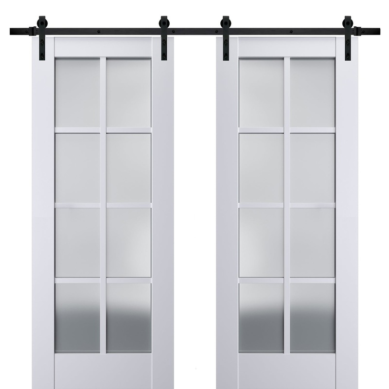 Veregio 7412 Matte White Double Barn Door with Frosted Glass and Black Rail