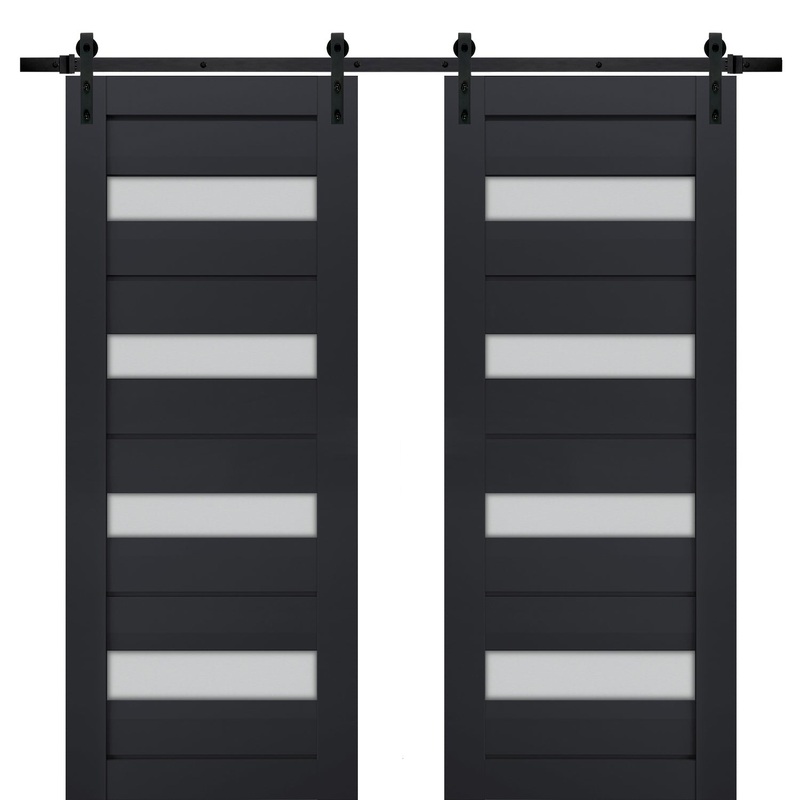 Veregio 7455 Antracite Double Barn Door with Frosted Glass and Black Rail