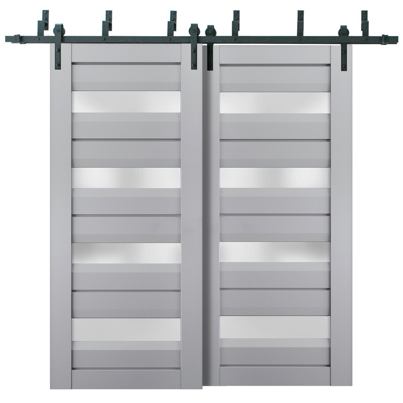 Veregio 7455 Matte Grey Double Barn Door with Frosted Glass and Black Bypass Rail