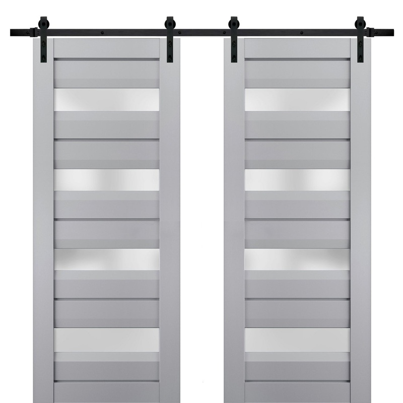 Veregio 7455 Matte Grey Double Barn Door with Frosted Glass and Black Rail