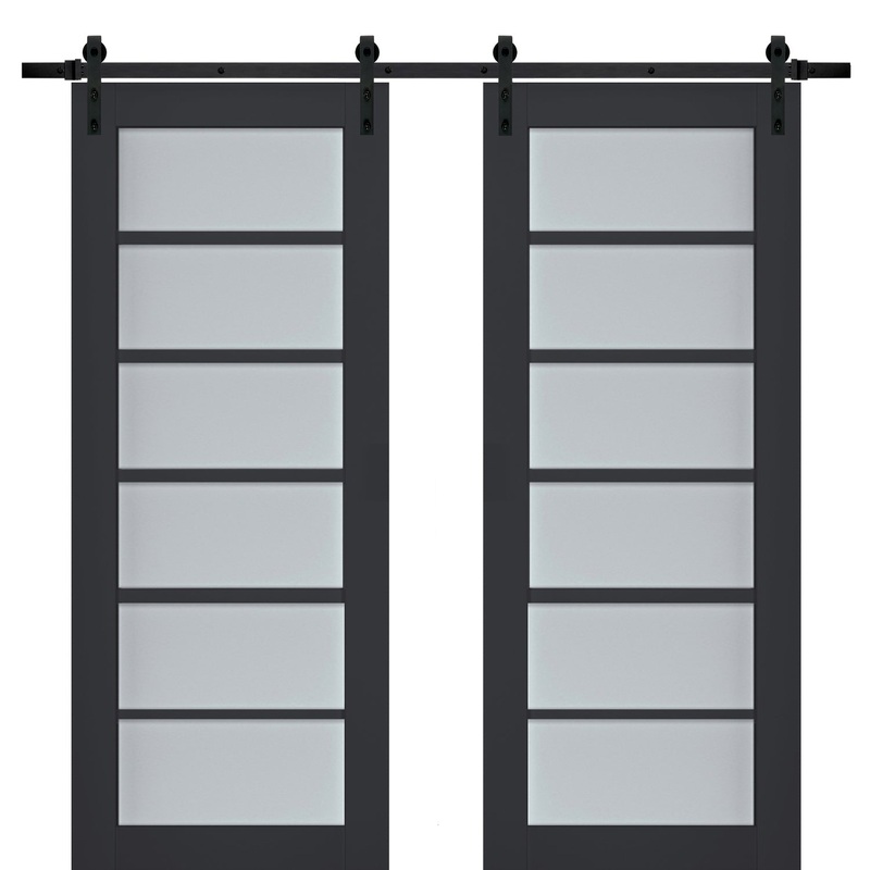Veregio 7602 Antracite Double Barn Door with Frosted Glass and Black Rail