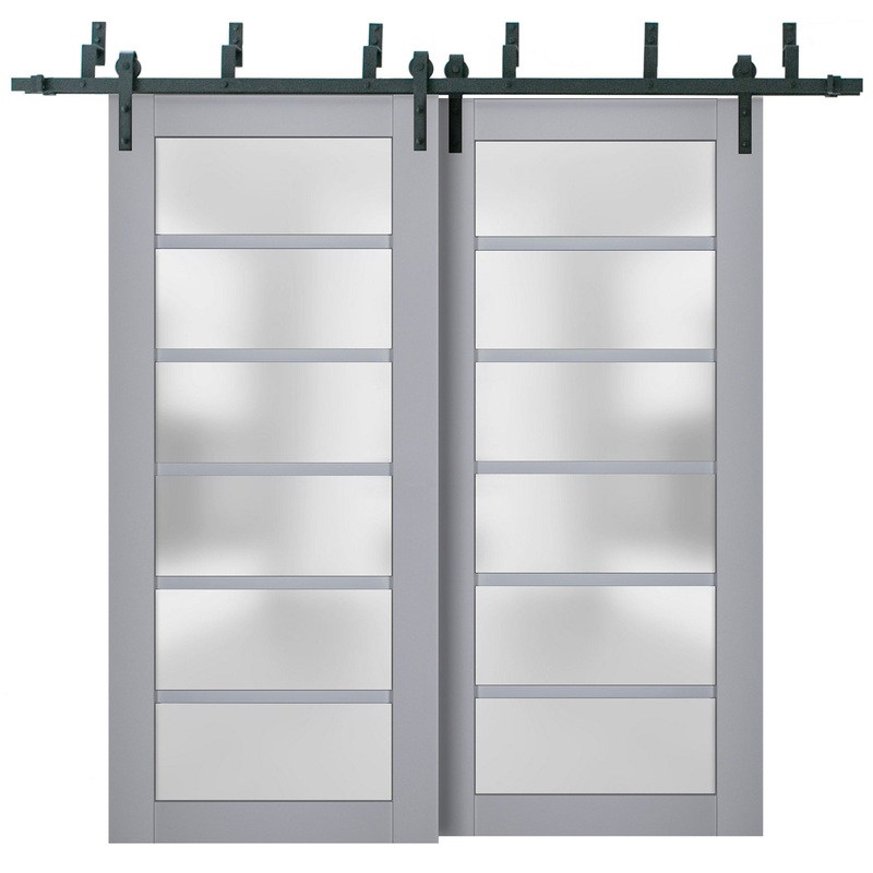 Veregio 7602 Matte Grey Double Barn Door with Frosted Glass and Black Bypass Rail