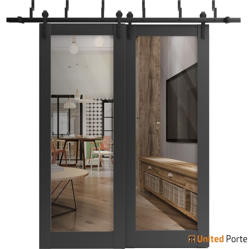 Lucia 2166 Matte Black Double Barn Door with Clear Glass and Black Bypass Rail