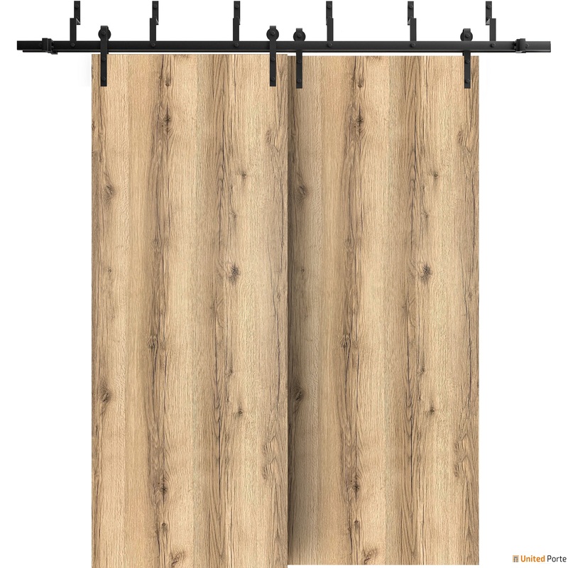 Planum 0010 Oak Double Barn Door and Black Bypass Rail