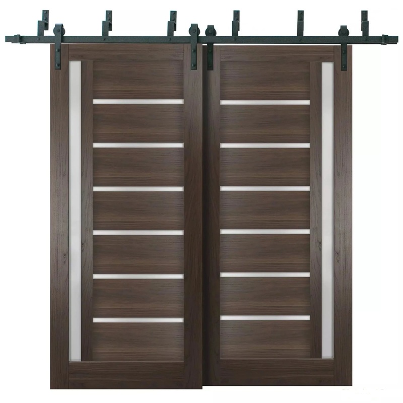 Quadro 4088 Chocolate Ash Double Barn Door with Frosted Glass | Black Bypass Rails