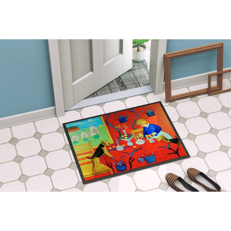 Airedale Terrier with lady in the kitchen Doormat Doormat - Large 24x36  Indoor/Outdoor Floor Mat