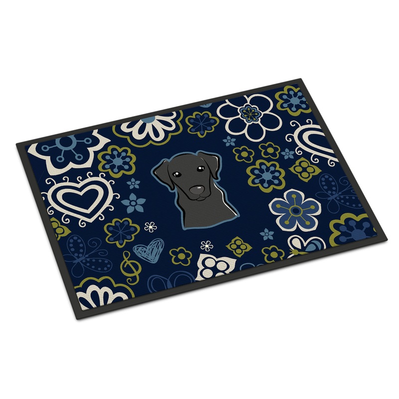 Blue Flowers Black Labrador Doormat - 24x36 Decorative Floor Mat  Indoor/Outdoor Rug with Artistic Flair BB5086JMAT